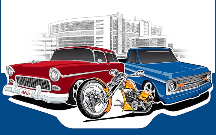 An illustration of two classic cars and a bike