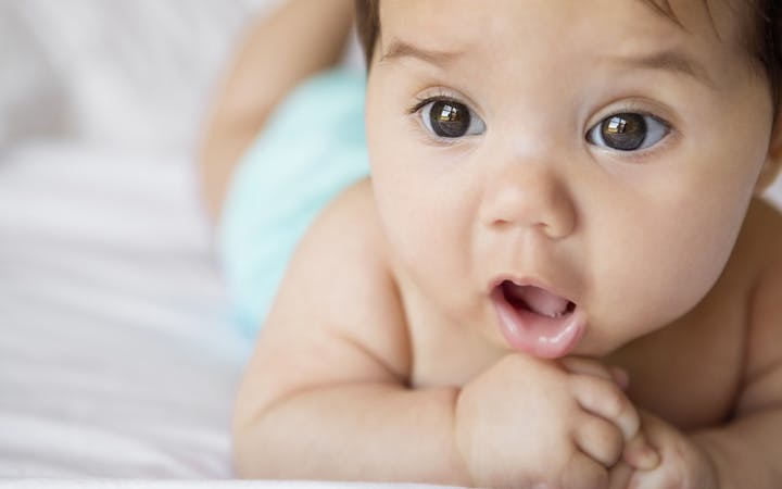 A baby looks at the camera.