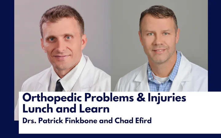 Two doctors in white coats under a banner reading Orthopedic Problems & Injuries Lunch and Learn.