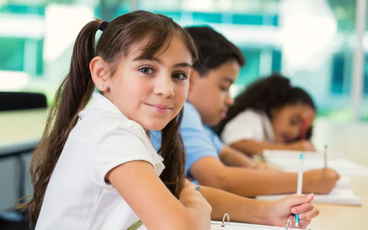Children study at desks in school.