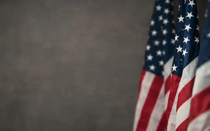 A photo shows a line of U.S. flags.